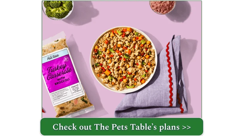 Image of The Pets Table's Turkey Casserole with Broccoli recipe in a bowl surrounded by fresh ingredients and the packaging