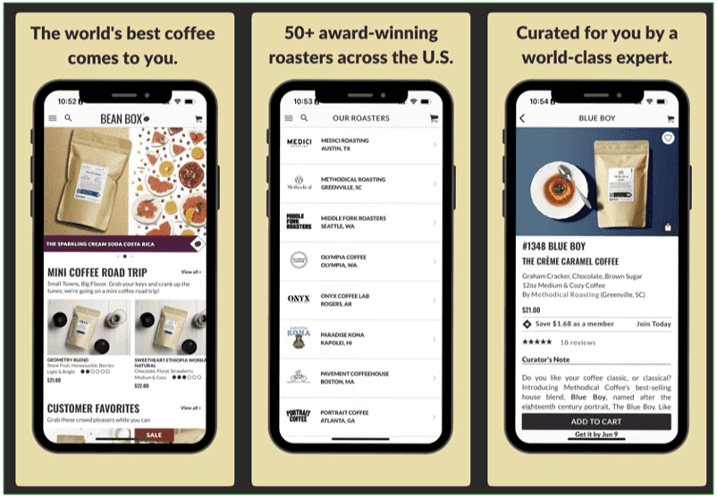 Screenshots of the Bean Box app