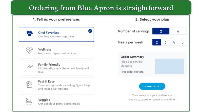 Screenshot of Blue Apron's order screen for preferences and plan size options