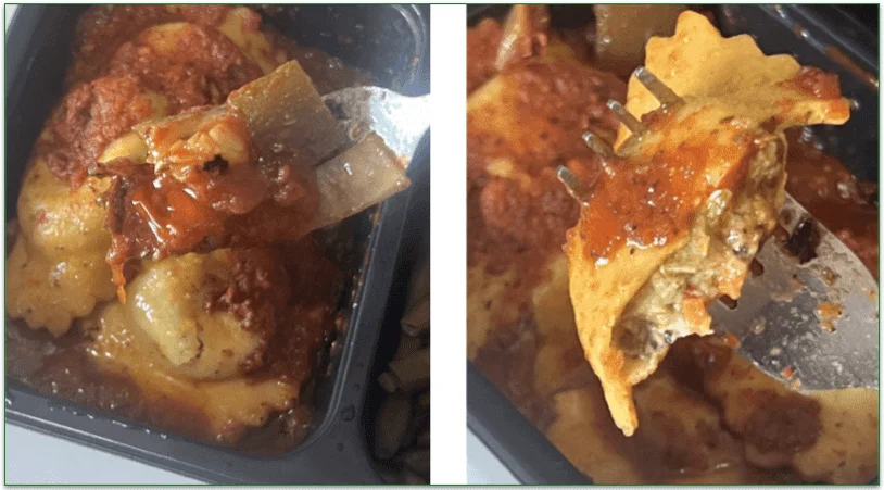 Close up of the sauce and ravioli on a fork