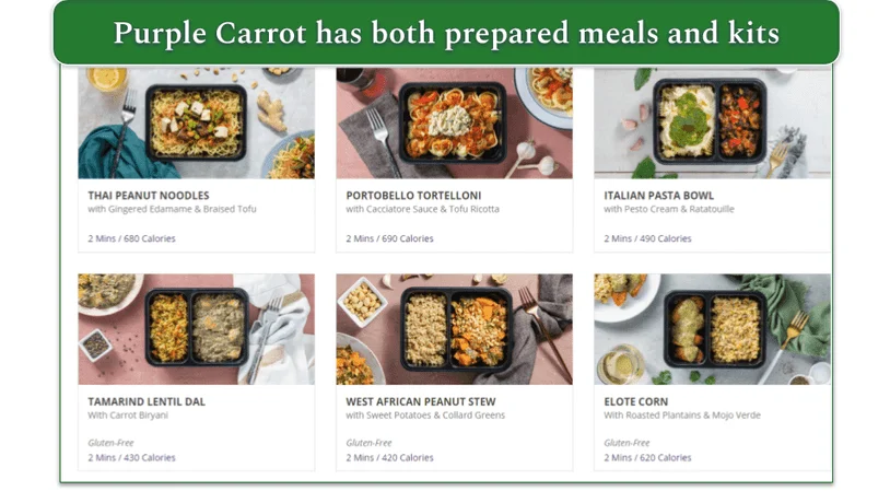 Screenshot of Purple Carrot's prepared meals menu