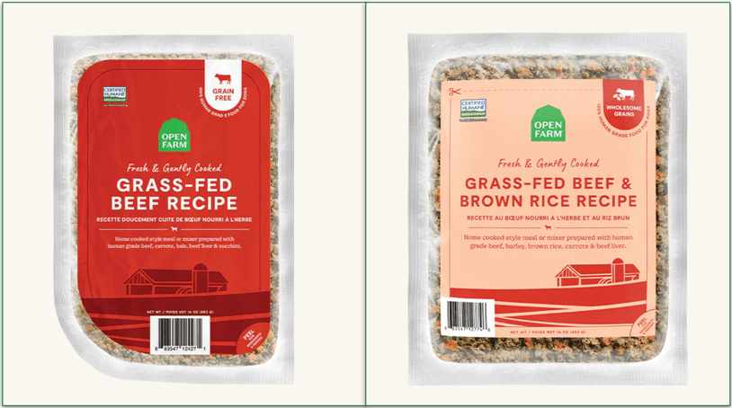 Side by side images of beef wet food with grains and beef wet food without grains