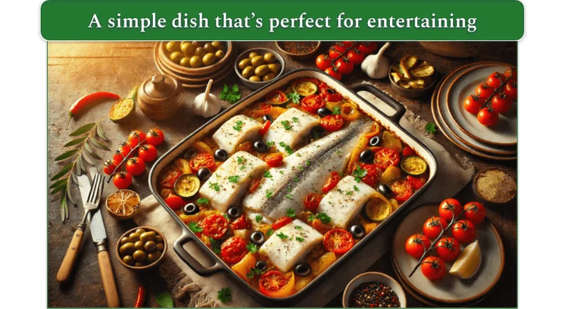 A serving dish of haddock pieces in a vegetable medley surrounded by plates of olives and tomatoes