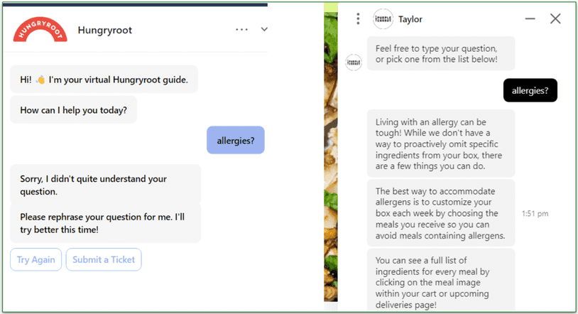 Screenshots of Hungryroot and Purple Carrot's responses to the same question showing Purple Carrot is more responsive