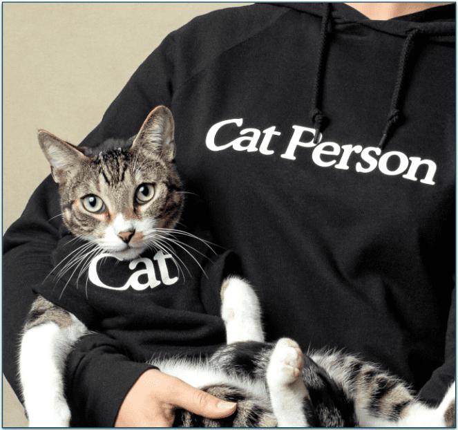 Image of a cat being held in someone's arms. The cat wears a sweater with "cat" written on it. The person wears a sweater with "cat person" written on it.