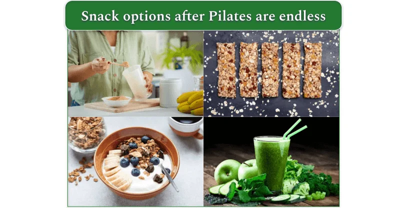 Snack option examples after Pilates. Top left: protein shale. Top right: Fruit and nut bar. Bottom left: greek yogurt, nuts, and berries. Bottom right: green smoothie