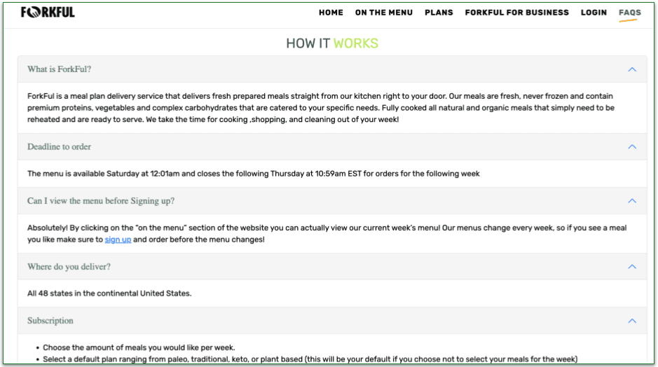 screengrab of forkful's FAQ page