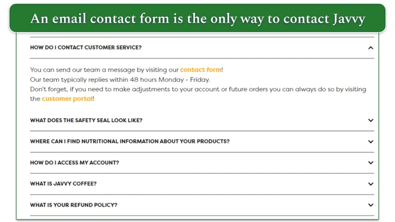 Javvy FAQs page with contact form link highlighted