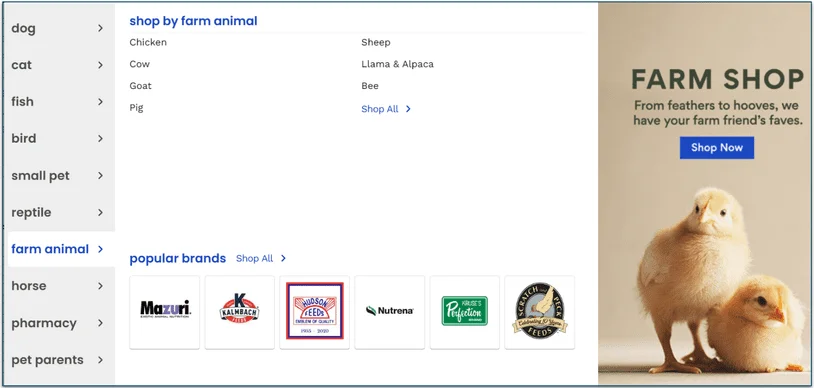 Chewy's online shop, with options for various animals shown.