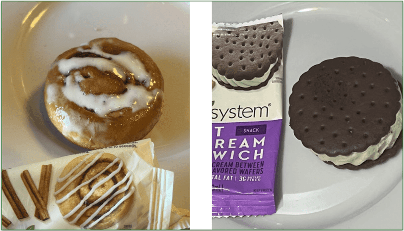 Photos of Nutrisystem's Cinnamon Roll and Mint Ice Cream Sandwich on plates next to their wrappers