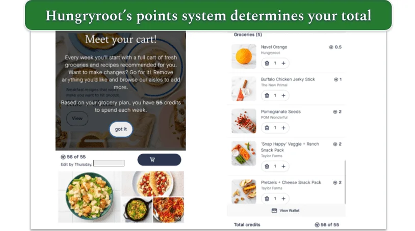 Hungryroot's cart showing groceries and points allocated