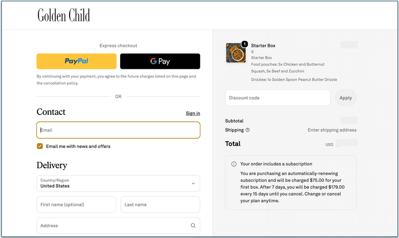 screenshot of golden child's payment page