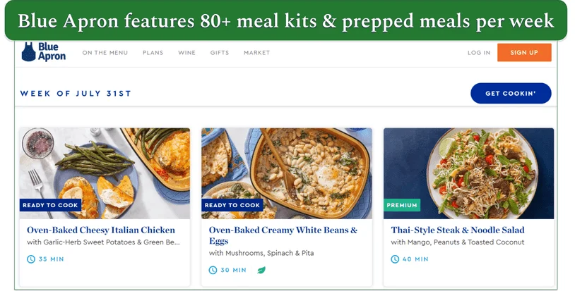 Blue Apron's menu showing prepared and premium meals