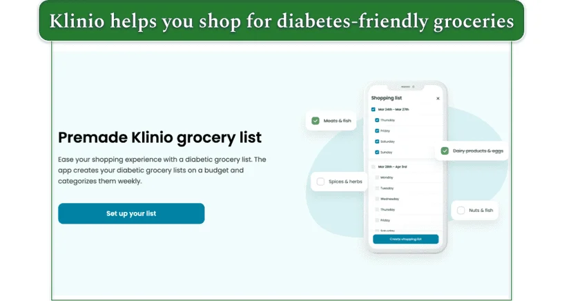 Klinio's grocery list setup page