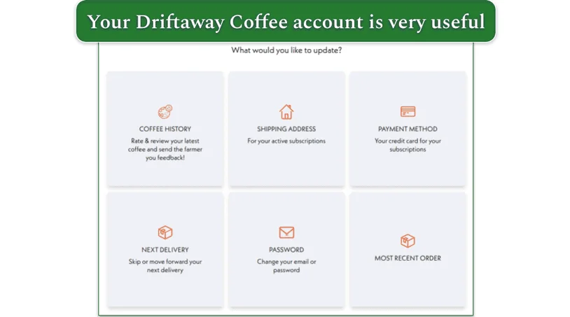 Screenshot of Driftaway Coffe's online account dashboard