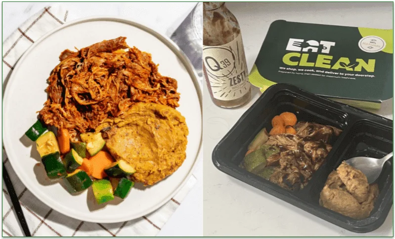 Image of Eat Clean's 12 Hour BBQ Pulled Pork with Sweet Plantain Mash next to a photo of the heated dish with serving spoon next to a bottle of BBQ sauce