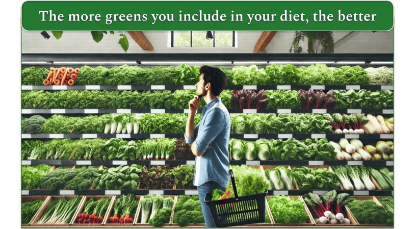 An image of a shopper contemplating which greens to buy