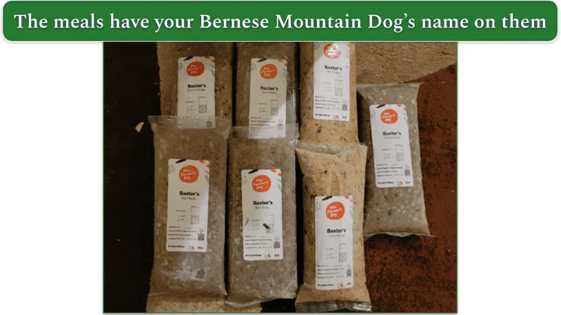 Seven packed dog food with pets name on it