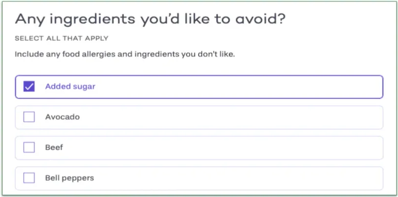 Screenshot of PlateJoy's customizable ingredients list