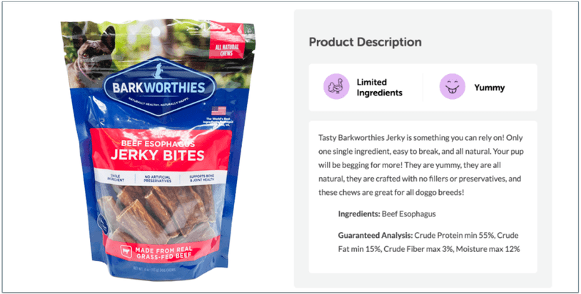 a screenshot of pupbox's Barkworthies Beef Esophagus Jerky Bites