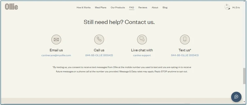 Ollie's "Contact us" page