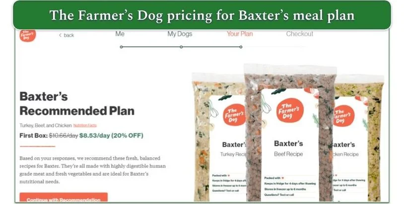 Screenshot of Baxter's meal plan pricing for The Farmer's Dog