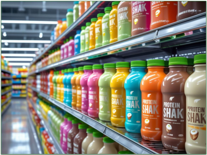 Different types of RTD protein shakes, on the shelf, in a store