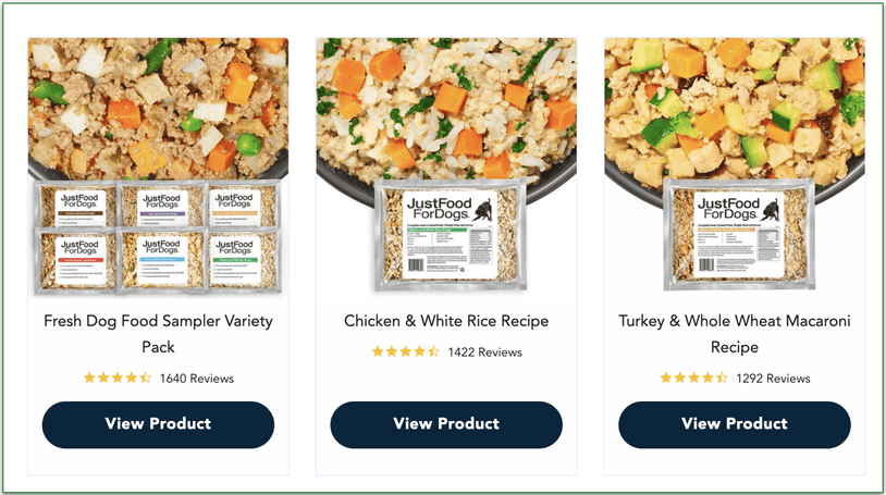 Screenshot of 3 JustFoodForDogs products