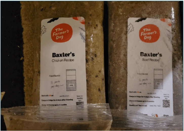 One package of beef recipe and one of chicken recipe from The Farmer's Dog.