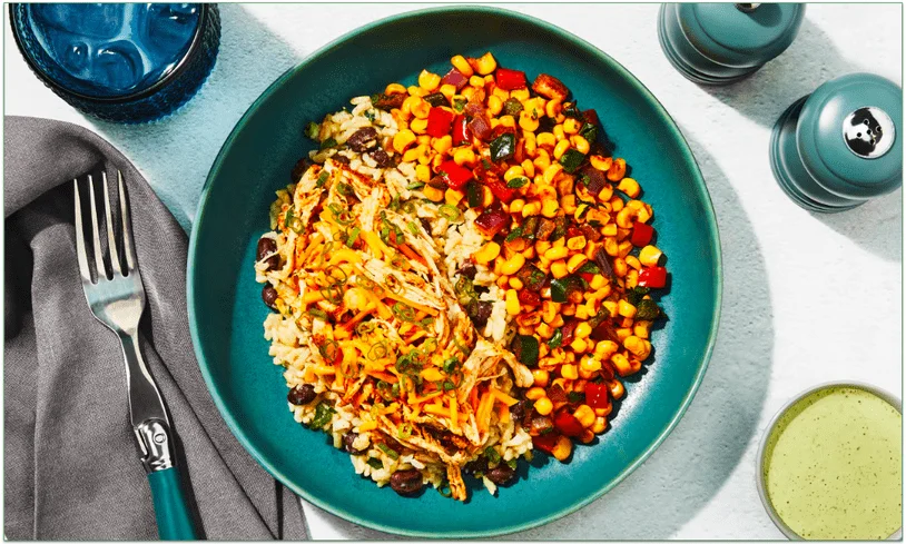 Shredded Chicken Taco Bowl with Roasted Corn Salsa & Cilantro Lime Sour Cream (530 calories)