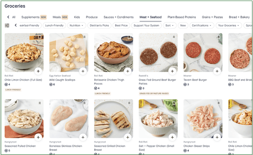 Screenshot of Hungryroot's grocery menu