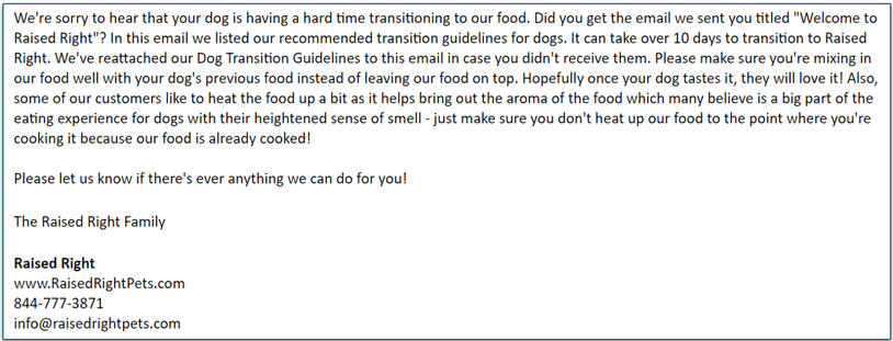 Email from Raised Right to the author concerning her dog's response to the food