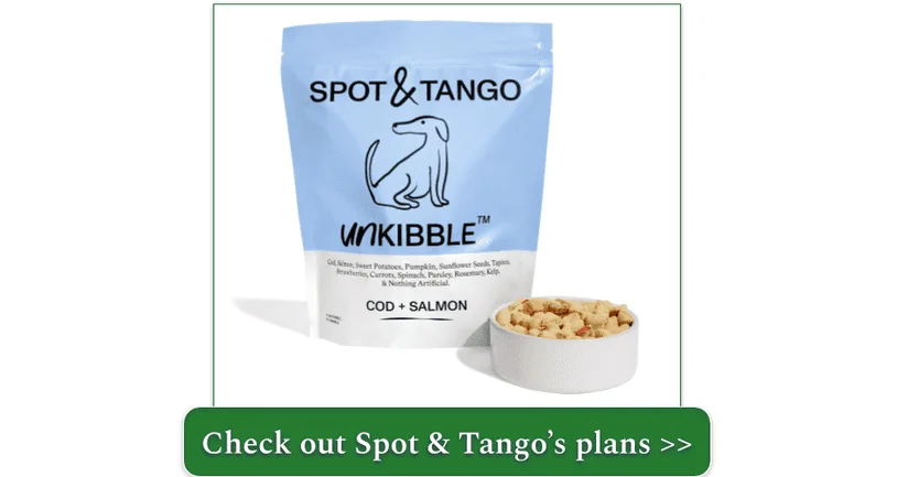 A bowl and a bag of Spot & Tango Cod + Salmon UnKibble