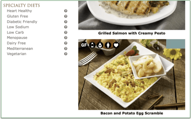 Image of Silver Cuisine's Bacon and Potato Egg Scramble, with a note explaining the icons in the upper right hand corner
