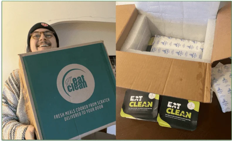 Photo of the Eat Clean tester holding a neat Eat Clean box next to a photo of an open Eat clean delivery box revealing the insulation and ice packs