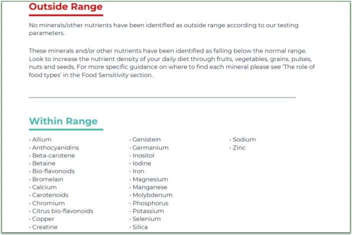 Mineral deficiency report with minerals/nutrients listed