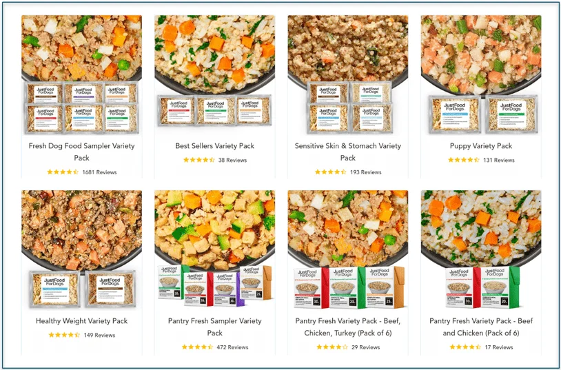 a screenshot of justfoodfordogs' variety packs offerings