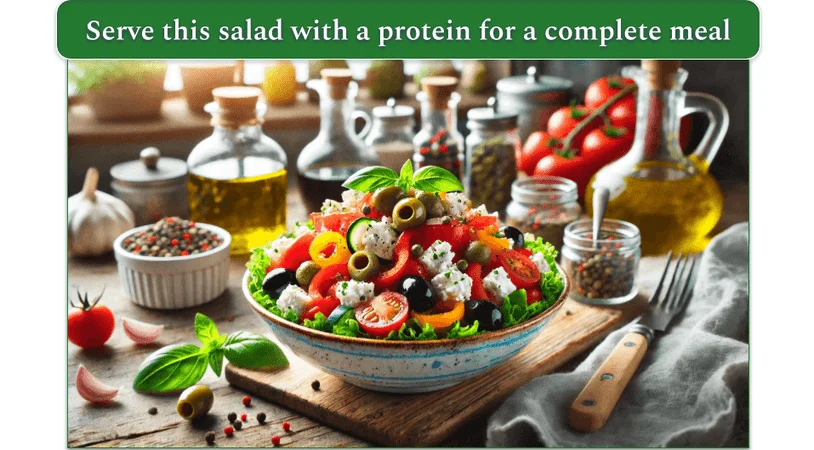 A bowl of mediterranean salad with various oils and spices in the background