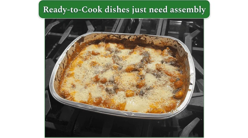 Cheesy tomato gnocchi in an oven safe tray after being assembled and cooked by our reviewer