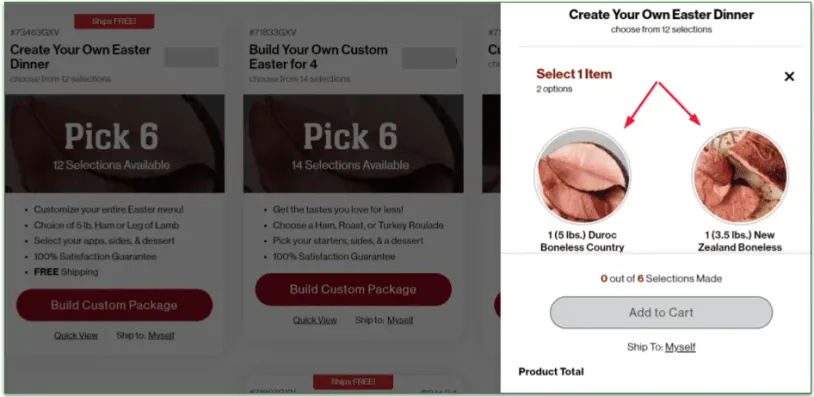 Omaha Steaks meal personalization interface