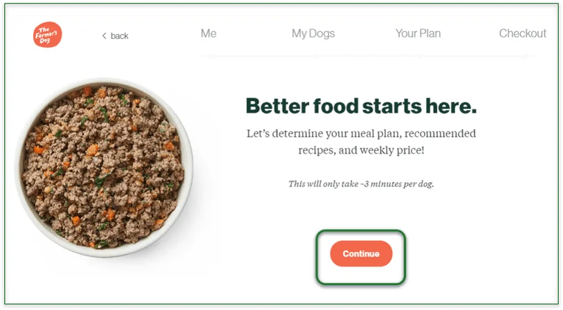 Screenshot of the start of The Farmer's Dog questionnaire