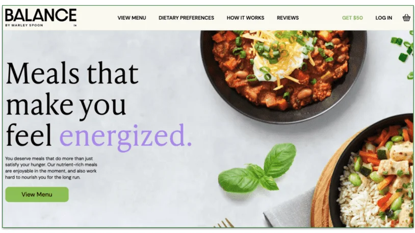The Balance by Marley Spoon homepage.
