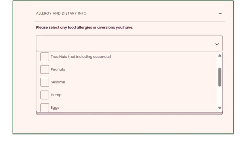 Chiyo's allergy exclusion dropdown list