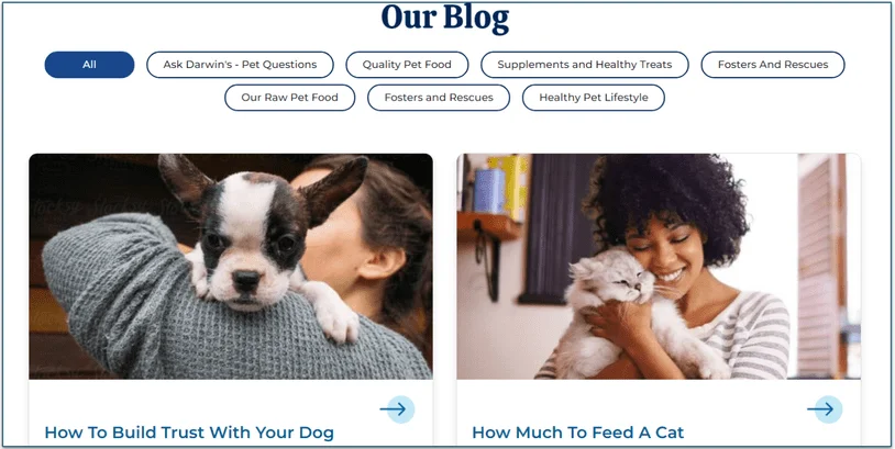 Screenshot of the Darwin's blog with tabs to filter the types of article by pet lifestyle, raw pet food, and more.
