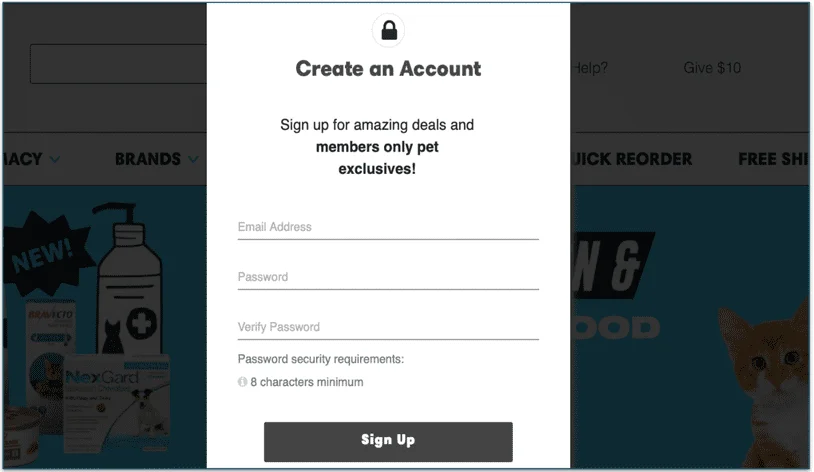 PetFlow's easy sign up process with just three fields to fill out to begin