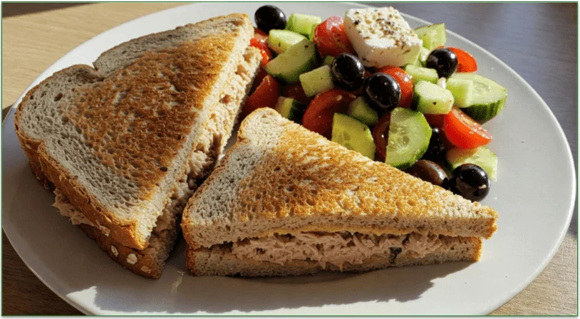 A tuna sandwich alongside some Greek village salad on a plate.