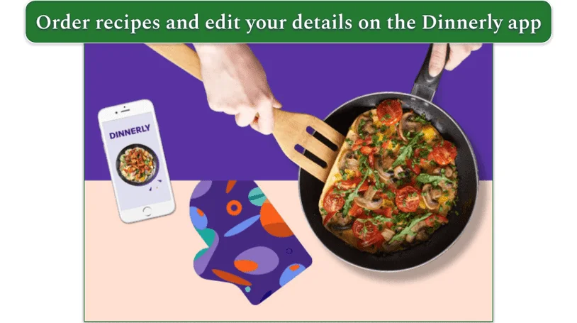 Image of a mobile with a Dinnerly app on next to food being cooked in a skillet