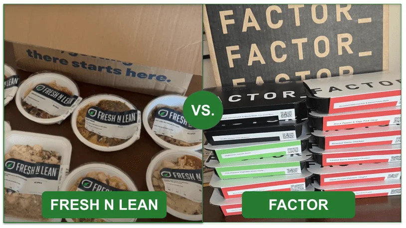 Side by side photos of an unpacked Fresh N lean delivery next to an unpacked Factor delivery