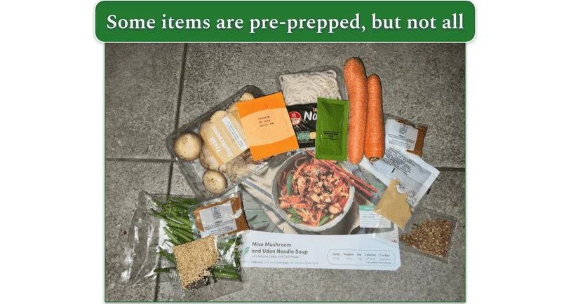 Green Chef ingredients for Miso Noodles laid out ready for cooking