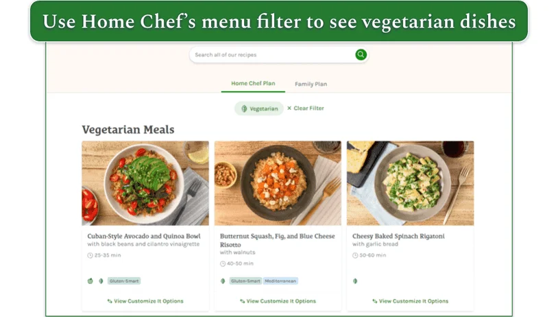 Home Chef's menu with the vegetarian filter selected
